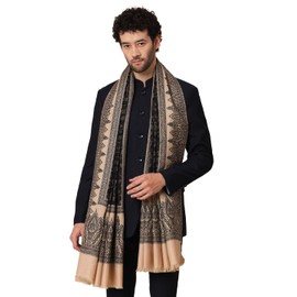 Large Kani Zari Weave Indian Kashmiri Shawl Wrap for Men with Traditional Floral Jaal Patterns Black, Black, 40 inches x 80 inches