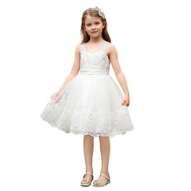 Abaowedding White Lace Appliques Flower Girl Dress Kids V-Neck Wedding Birthday Party Dress with Bow Size 6,White