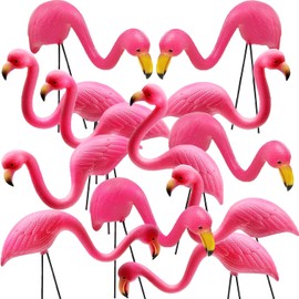 GiftExpress 12 Pack Pink Flamingos Yard Decorations - Small 14" Tall Plastic Flamingo Statue w/Metal Stakes - Lawn Ornaments & Garden Decor for Outdoor Parties