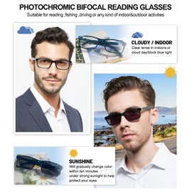 OCCI CHIARI Photochromic Bifocal Reading Glasses Mens,Transition Square UV Protection Sunglasses Readers 1.0 1.5 2.0 2.5 3.0 3.5 4.0(Blue +350)