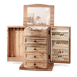 Poyilooo Jewelry Box for Women,Wooden Jewelry Organizers and Storage with Mirror & Drawers,Large Jewelry Box for Necklace Ring Bracelet Earring Organizer for Women Gifts(Carbonized Brown)