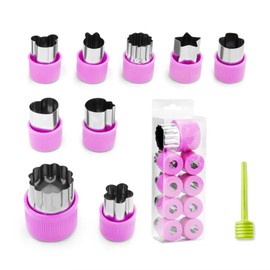 9Pcs Different Shapes and Sizes Stainless Steel with Plastic Cover Mini Fruit Cookie Stamps Mold, Vegetable and Cookie Cutters Shapes Set for Kids Baking. (Purple)