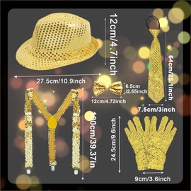 TUONYIS 5 Pcs Jazz Dance Hat Performance Jazz Dance Sequins Hat Gloves Necktie Bow Tie Suspenders, 70s Hip-Hop Glitter Disco Costume for Men Women for Carnival Party Dance Show (Gold)