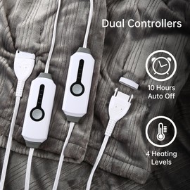 McJaw Electric Heated Blanket 84'' x 90'' Queen Size Flannel Fabric, Keep Your Warm All Night, Dual Controllers, 4 Heating Levels& 10 Hours Auto Shut-Off, Grey