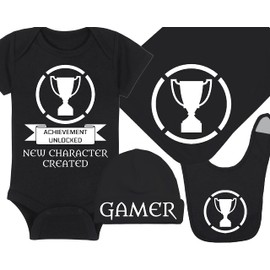 Gaming Baby Onesie, Hat, Blanket and Bib - Achievement Unlocked New Character Created - Gamer - Achievement Trophy - Achievement Trophy (3-6 Month - Black Fabric - White Design)