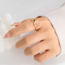 Kokoma Pink Daisy Flower Ring for Women Green Leaf Cubic Zirconia Wrap Finger Flower Open Statement Ring Promise Engagement Rings Fashion Jewelry