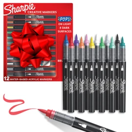Sharpie Creative Markers, Water-Based Acrylic, Brush Tip, Assorted Colors, 12 Count – Arts & Crafts, Kids Activity, School Classroom; Works on Paper, Metal, Wood, Ceramic, Glass, Rock, Canvas