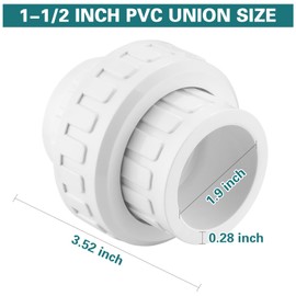 1-1/2" PVC Union Coupling Pipe Fitting, PVC Adapter (Socket x Socket), 1-1/2" Slip Union Schedule 40, EPDM O-Ring, White (2 Pack)