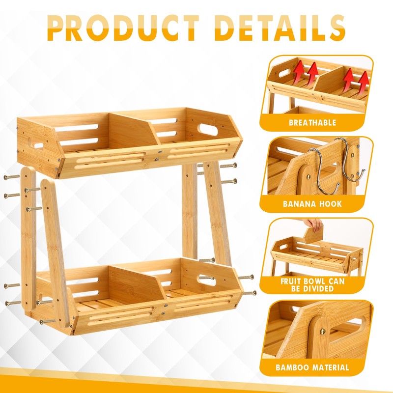 Briwooody 2 Tier Fruit Basket for Kitchen Counter Fruit Storage