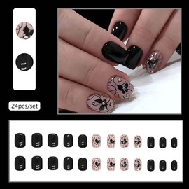 Clataly 24Pcs Black Vine False Nails Dark Butterfly Design Fake Nails Rhinestone Press On Nails for Women (A)