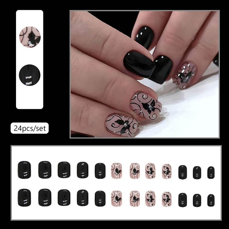 Clataly 24Pcs Black Vine False Nails Dark Butterfly Design Fake