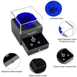 NEWUPZSI Real Eternal Rose Flowers Jewellery Blue Christmas Gifts for Women Ladies Mum Girlfriend Grandma Gift Box with Necklace and Earrings Preserved Rose Santa Gifts Ideas Birthday