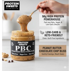 High Protein Cookie Dough, Healthy Peanut Butter Chocolate Chip Spread, Low Carb, Keto, Vegan, Gluten-Free, Sugar-Free, Edible Cookie Dough, 98g Protein, 56g Fiber, 16oz, PROTEIN SWEETS