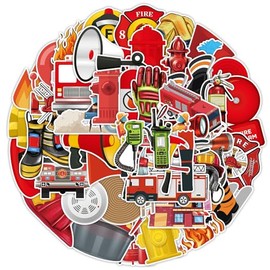 Firefighting Stickers 50Pcs Vinyl Funny Cartoon Fire Rescue Tool Stickers for Water Bottle Laptop Scrapbook Skateboard Helmet Bumper Luggage Cars Computer,Waterproof Fire Truck Sticker for Kids Teens