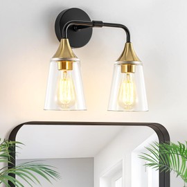 Ymlii 2-Light Bathroom Vanity Light, Black and Gold Bathroom Lighting Fixtures Over Mirror with Clear Glass Shades, Modern Hardwired Wall Sconce Light for Bedroom Hallway