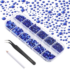 Beadsland 2500pcs Blue Rhinestones, Flatback Gems Round Crystal Rhinestones for Crafts Mixed 8 Sizes SS4 ~ SS30 with Picking Tweezers and Pen (Sapphire Blue)