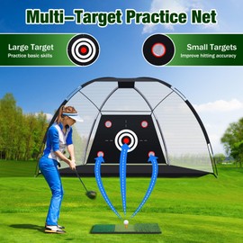 MoKo Golf Net with Practice Mat, 10 x 7 ft Golf Hitting Net for Outdoor Indoor Backyard Driving Chipping Swing Training, All-in-One Multi-Target Training Aid Practice Nets with Tri-Turf Mat & Balls