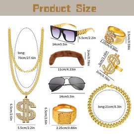 80s 90s Hip Hop Costume, 10Pcs Hippie Rapper Costume Accessories with 1 Gold Dollar Chain Necklace, 1 Bracelet, 5 Rings, 2 Sunglasses, 1 Mustache for Gold Digger Costume for Carnival Party Fancy Dress