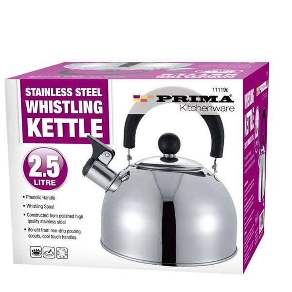 Brand New PRIMA Whistling Stainless Steel Traveling Kettle Fishing Caravan Home Gas 2.5 Litre Holiday Home (Shiny Stainless Steel)