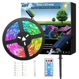 Meewata Solar Led Strip Lights Outdoor, 20ft Cuttable 336LEDs Auto On/Off, 8 Mode with Remote Timer, Waterproof Self-Adhesive, Perfect for Deck, Patio, Poolside, Camping Decor, Multicolor