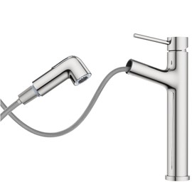 Vessel Sink Faucet with Pull Out Sprayer, Hurran Tall Bathroom Faucets with Pop Up Drain, Stainless Steel Single Handle Faucets with 2 Spout Patterns, Chrome