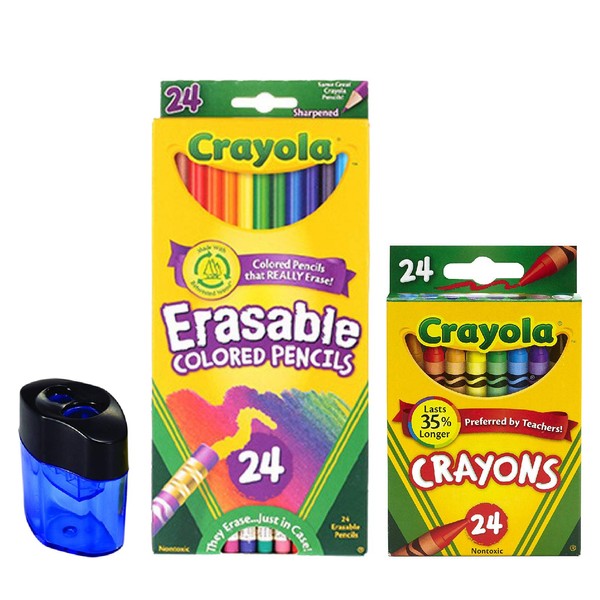 Crayola Erasable Colored Pencils, 24 Count, Pre-Sharpened, Fully Erasable| 24 Count Crayons | Crayon and Pencil Sharpener