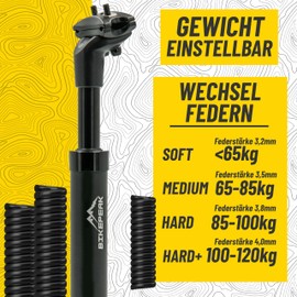 BikePeak Suspension Seat Post Diameter Selectable 27.2/30.9/31.6 mm | 350 mm Long Black Includes 4 Interchangeable Springs for Any Weight of <65 kg - 120 kg Adjustable (Length 350 mm, Diameter 27.2