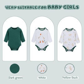 LAT Unisex Baby Long Sleeve Bodysuit,3 Pcs Infant Girls Boys One-Piece Play&Sleep For Newborn,100% Organic Cotton(Yellow Duck+Green,0-3 Months)