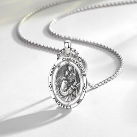 EUDORA Harmony Ball S925 Sterling Silver St Christopher Medal Saint Christopher Necklace for Women Men, Rotatable St. Christopher Amulet Christian Jewelry Gifts for Son Daughter, 24"+22"