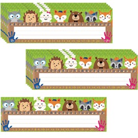 40 Pieces Woodland Friends Name Plate, Traditional Manuscript Flat Left/Right Alphabet Name Tags with Glue Point Dots for School Classroom Student Desks Woodland Creatures Decoration, 11.5 x 4 Inch