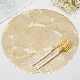 Gold Round Placemats Set of 6 Metallic Pressed Vinyl Place Mats for Dining Table Centerpiece Decor Ginkgo Leaf Table Mats Non Slip Heat Resistant 15 Inch