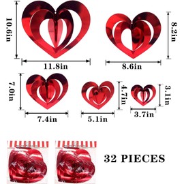 32PCS Valentine's Day Heart Hanging Foil Decorations- Swirl Red Heart Ornaments- 3D Heart Garland Ornament for Valentine's Day Tree and Wedding Anniversary Party Decorations