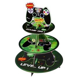 WERNNSAI Video Game Cupcake Stand - Gaming Party Decorations for Boys 3-Tier Cardboard Cupcake Stand Holder Round Serving Tray Stand Dessert Tower Video Game Theme Birthday Party Supplies