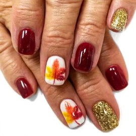 Fall Press on Nails Short Fake Nails Square with Maple Leaves Golden Glitter Design Glue on Nails Press ons Burgundy Full Cover False Nails Thanksgiving Acrylic Stick on Nails for Women 24Pcs