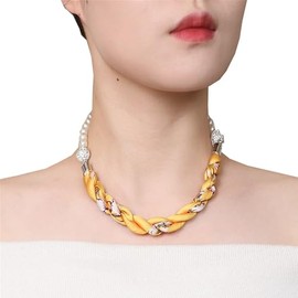 DDNFO Elegant Pearl Chain Necklace Scarf with Magnetic Clasp Solid Color Satin Scarf,Skinny Silk Neckerchief(P13) (B)