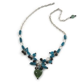 Avalaya Romantic Glass and Ceramic Bead Heart Pendant Charm Necklace In Silver Tone (Teal, Black) - 64cm L