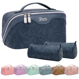 BOYATU Travel Makeup Bags Cosmetic Organizer Bag: 3-Set Large Capacity Make up Bag - PU Leather Toiletry Bags for Women - Wide Open Portable Pouch with Divider & Handle (02-Dark Blue)