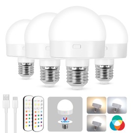 Rechargeable Battery Operated Light Bulb with Remote, Last 18-50 Hours 3000mAh Wireless LED Bulb with Timer and 15 Color Temperature, dimmable, Magnetic Puck Light for Non-Hardwired Fixture, 4 Pack