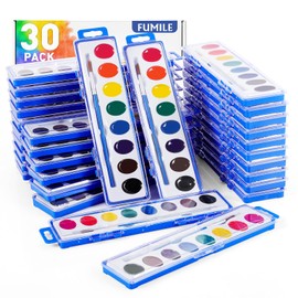 FUMILE Watercolors Paint Set Bulk,30 Pack 8 Washable Bright Colors with Paintbrush.Watercolors Paint Set Kids for Parties, Classrooms,Art Lessons,Students, Party Favor,All Ages.