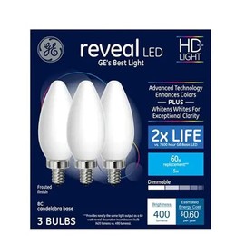 GE Reveal LED HD Light 60 watt Replacement, BC, Candelabra Base, Frosted Finish, dimmable LED (3 Bulbs)