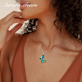 Aurora Tears Butterfly Heart Necklace Women 925 Sterling Silver Animal Butterflies Birthstone Pendant Crystal Wedding Birthday Jewellery, Cubic Zirconia, Emerald birthstone emerald pendant crystal