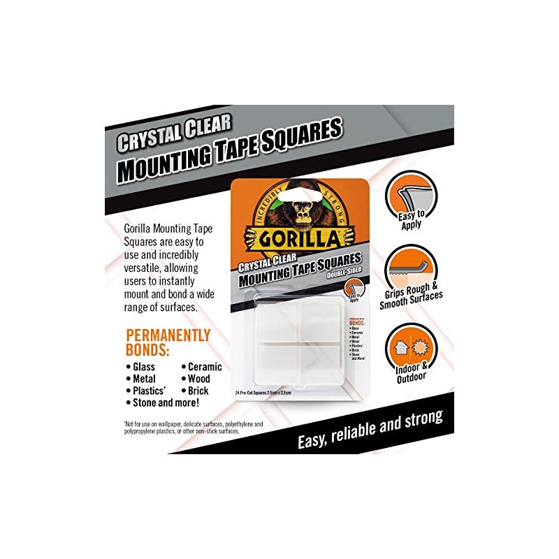 Gorilla 3044111 Mounting Tape Squares Crystal Clear (Pack of 6)