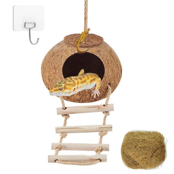 Crested Gecko Coconut Hide with Ladder Shell Natural,Reptile Coco Hut