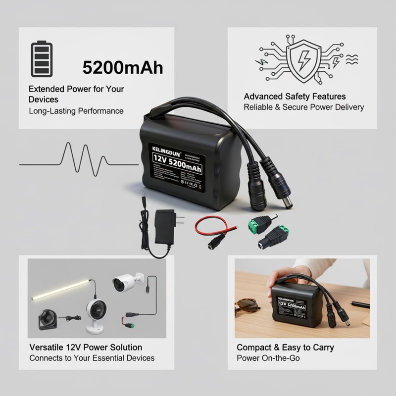 kelingdun 12V 5200mAh Rechargeable Battery - High-Capacity Emergency Power Supply