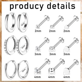 Morfetto 12 Pairs Tiny Stud Hoop Earring 18K Gold Plated Stainless Steel Earring Sets for Multiple Piercing Small Threadless Flat Back Earrings Cartilage Hoop Earrings Silver A
