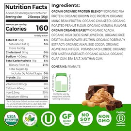 Orgain Organic Vegan Protein Powder, Chocolate Peanut Butter - 21g Plant Protein, 6g Prebiotic Fiber, Low Net Carb, No Lactose Ingredients, No Added S