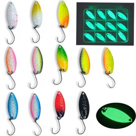 Njord Kalastus Glow Spoon Set, Luminous and UV Active Trout Spoon Set, 12 Pieces + Box, Extreme Luminosity Thanks to Special Paint, Trout Bait Set, Spoons Trout