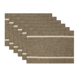 GLORY SEASON Linen Style Rustic Washable Placemats Set of 6,Woven Cloth Textured Heat Resistant Non-Slip Placemat with lace Trim for Kitchen Dining Patio Table Decor, Flax