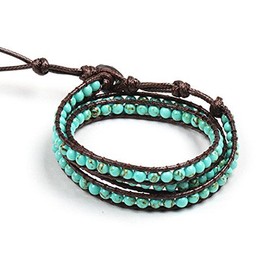 Blupear Stone Wrap Bracelet Handmade Brown Wax Cord Multilayer 4 mm Fashion Woven Bangle (Green Turquoise, 20 Inches)