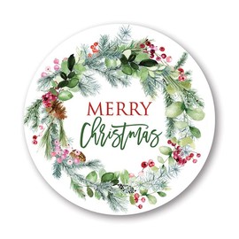 2" Round Greenery Wreath Merry Christmas Stickers (40 Labels)